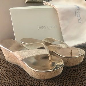 Jimmy Choo Pathos Gold Glitter Wedges